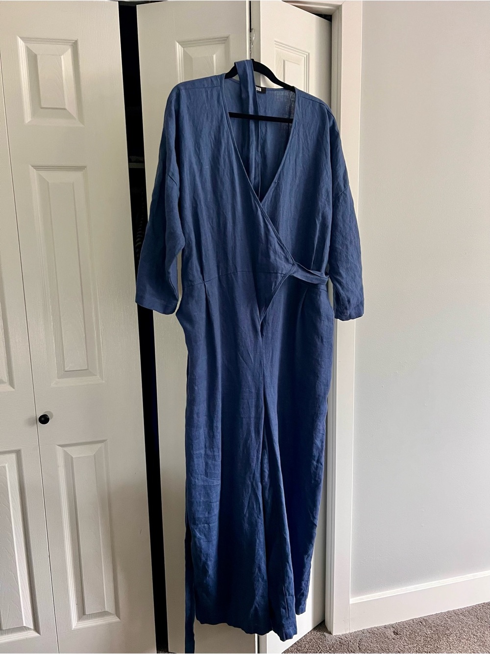 Wide Leg Jumpsuit in Sea Blue Linen w/ Wrap Front and attached Self-Tie Waist